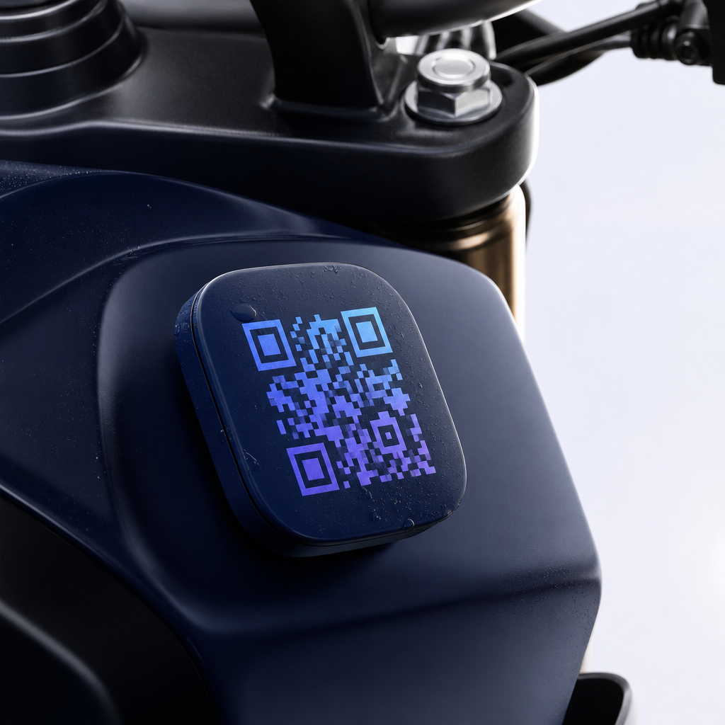 Linko bike QR tag on a motorcycle near the handlebars