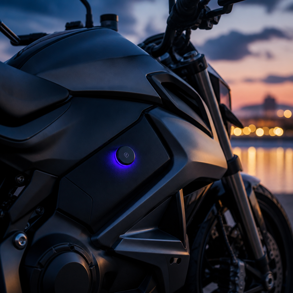 Motorcycle with a glowing Linko tag on the side panel at dusk