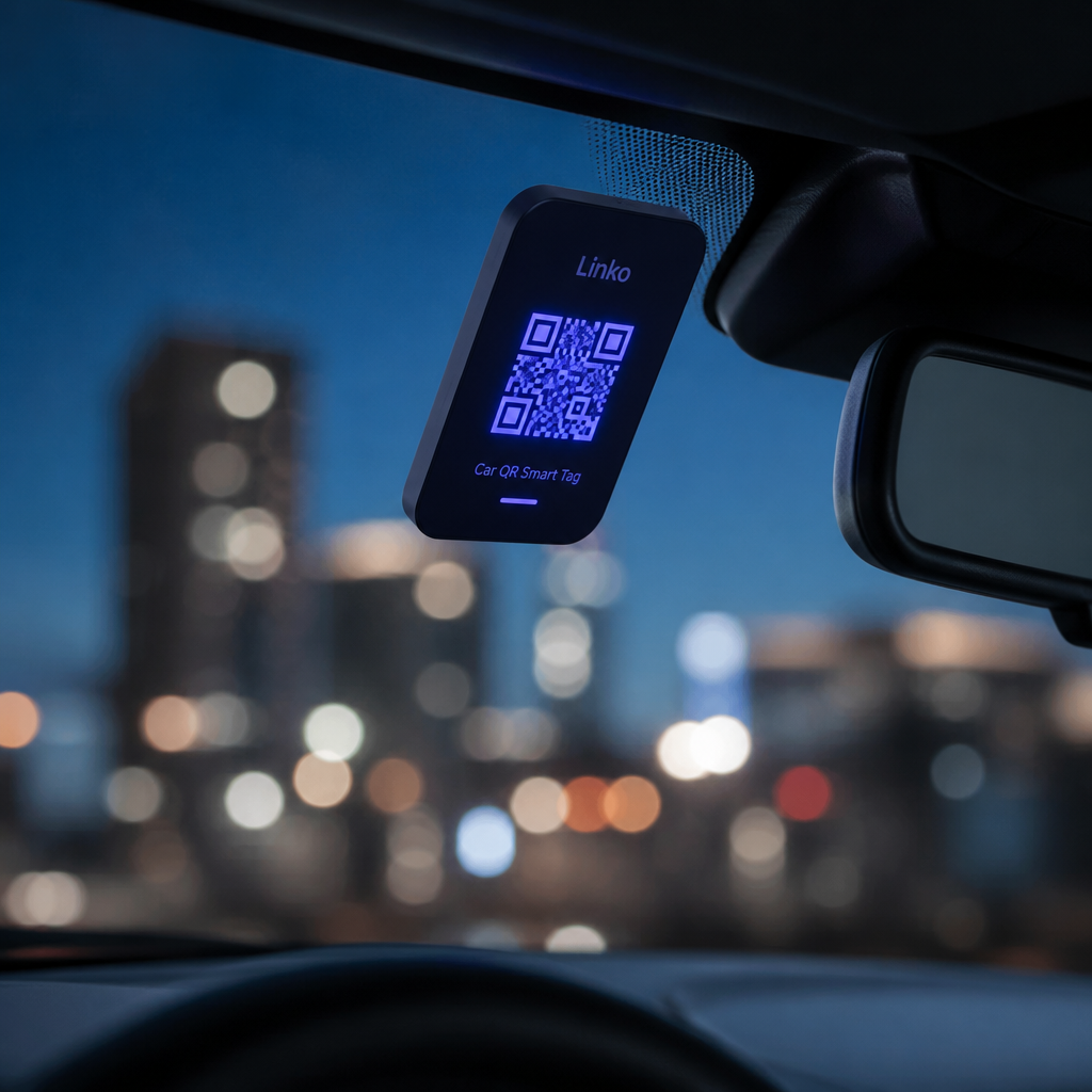 Linko car QR smart tag mounted on a windshield at night