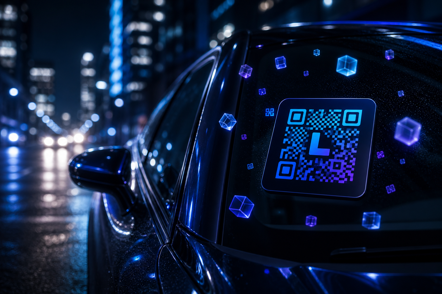 Linko QR smart tag glowing on a dark car side window at night