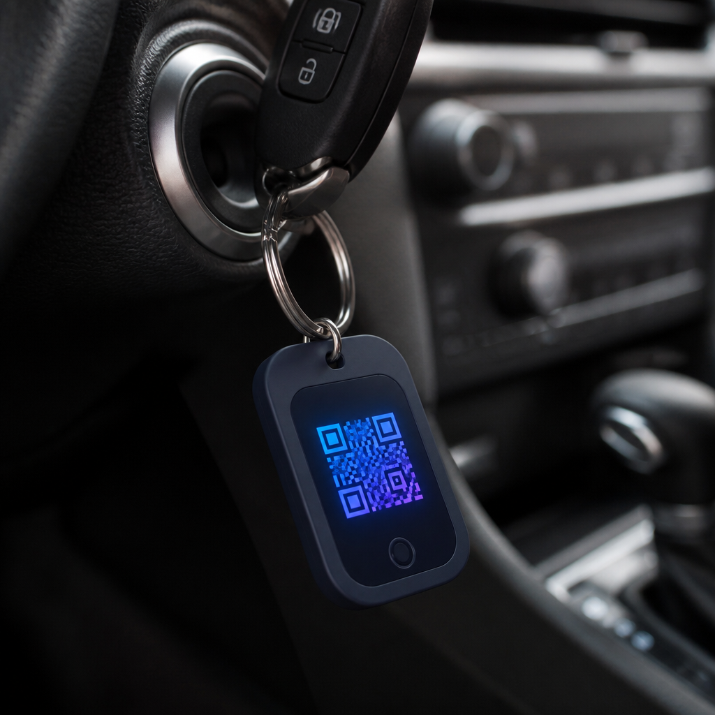 Linko QR keychain hanging from a car key in the ignition