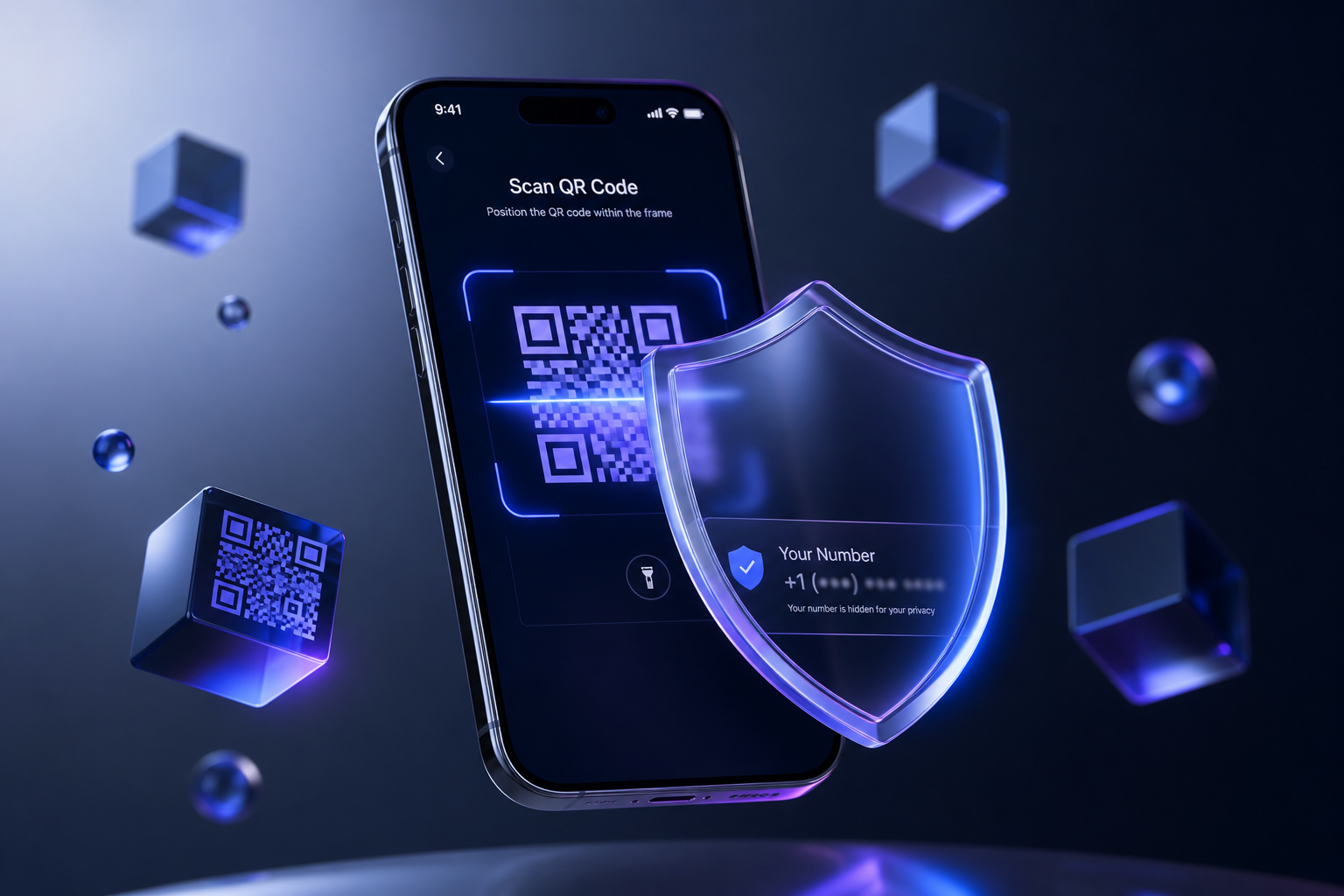 Smartphone QR scanner with a privacy shield hiding the owner's phone number