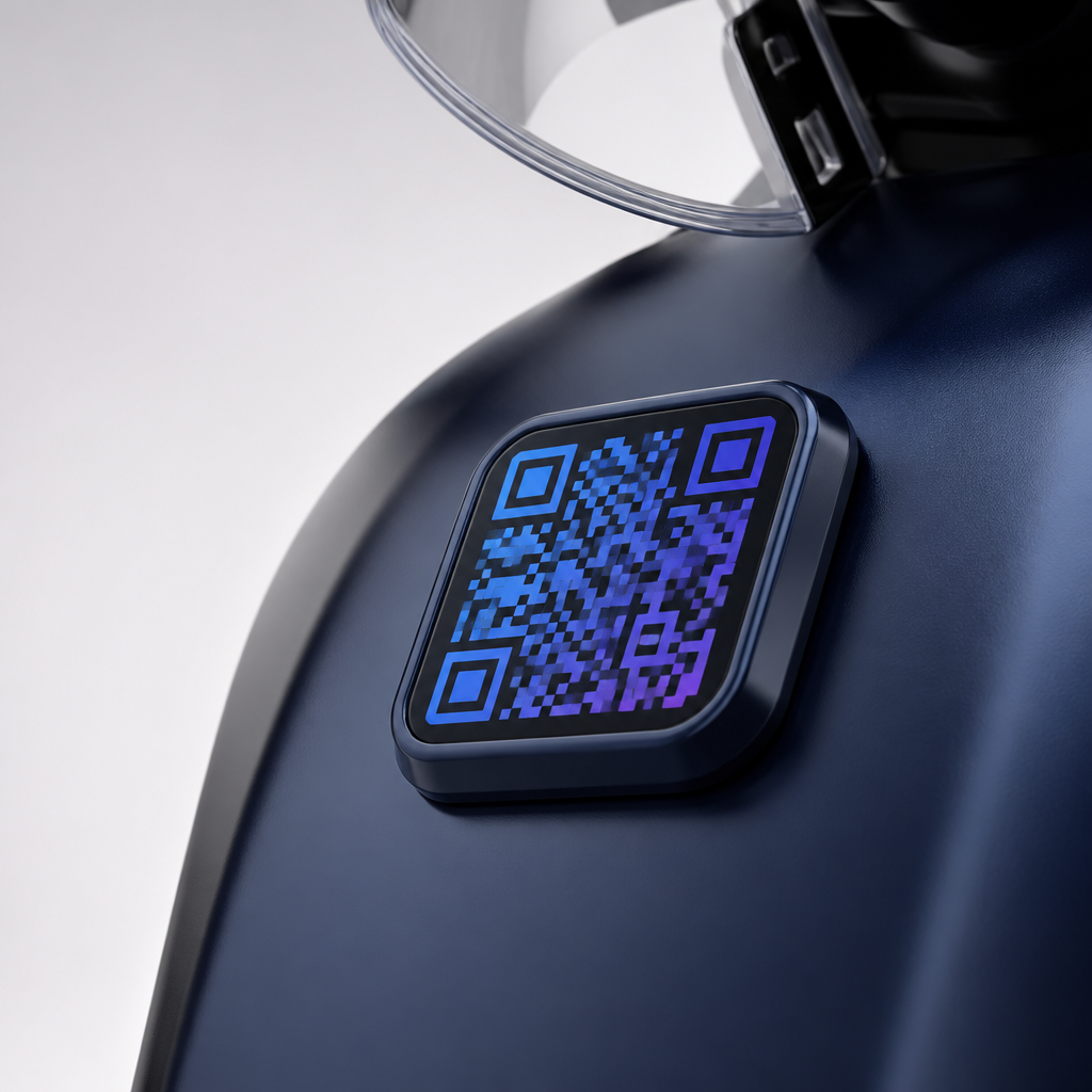 Linko bike QR smart tag mounted on a dark motorcycle body