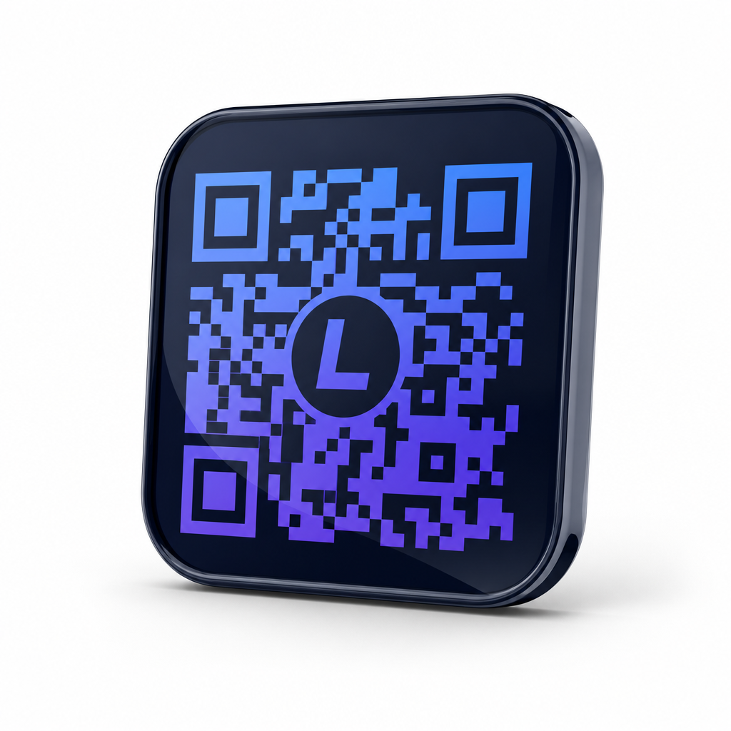 Linko car QR smart tag with a blue-to-purple QR code and L logo