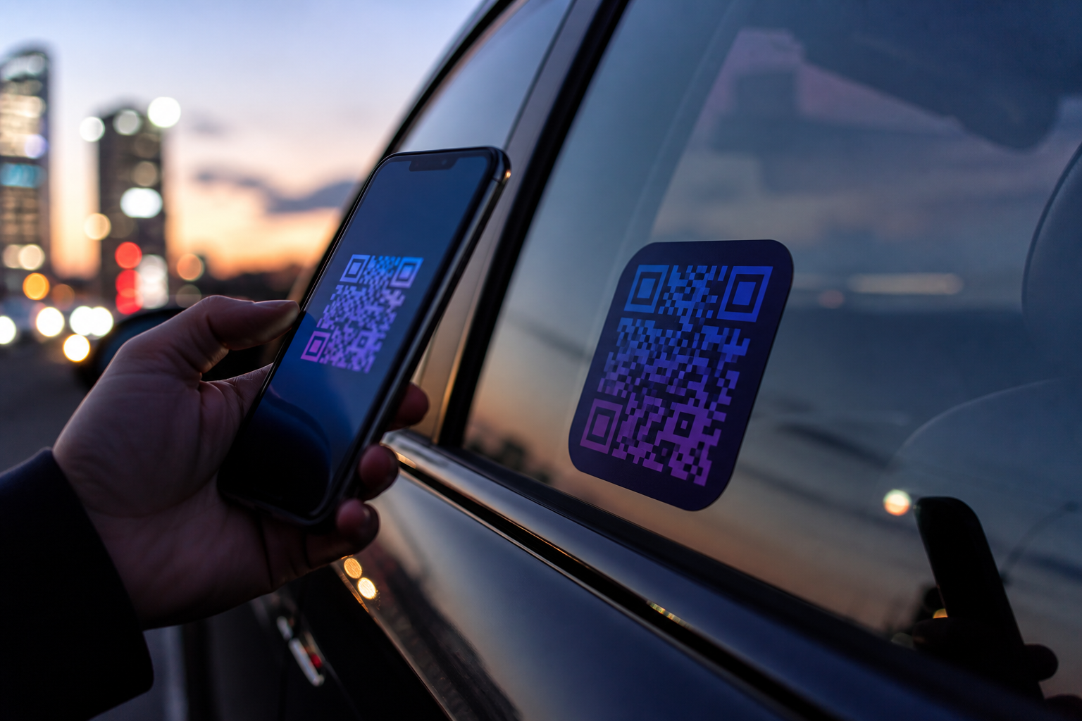 Person scanning a Linko QR sticker on a car window with a smartphone